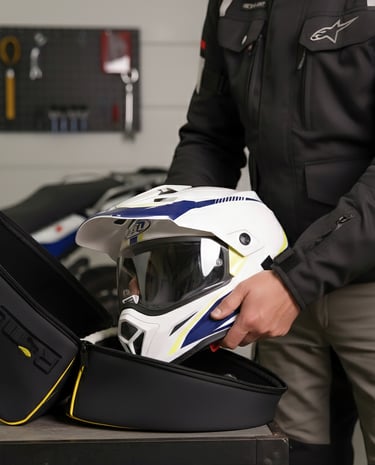 a man removing a helmet from a helmet bag