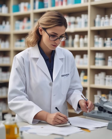 a woman in a lab coat and glasses is writing on a paper