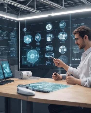 A robot with a humanoid shape and bright blue lights for eyes stands on a wooden surface. It is mainly white with black accents and is connected with various wires. Several small robotic vehicles with electronic components are visible in the background.