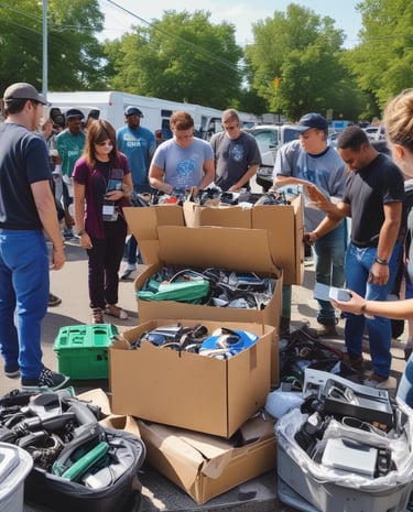 A community drop-off event with people bringing in old electronics for recycling.
