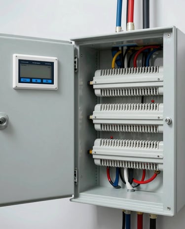 An open electrical panel with a multitude of colorful wires connected to various circuit breakers is mounted on a wall. Tools are placed on a blue workbench, including a multimeter and a screwdriver. A visible checklist is attached to the left panel door.