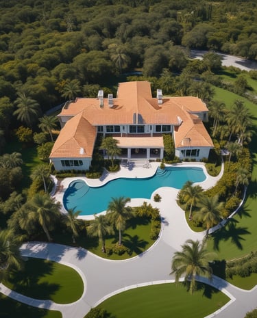 An aerial view of a modern architectural estate, featuring multiple buildings with green rooftops and a central courtyard. The estate is surrounded by lush greenery and palm trees, and the pathways are neatly arranged. There are manicured lawns and landscaped gardens throughout the property.