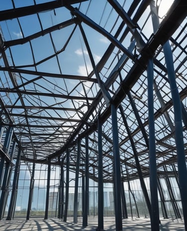 A steel structure with large, grid-like windows reaches up towards the sky, flanked by two tower-like elements. Overhead, tree branches with leaves partially obscure the view, adding a natural contrast to the industrial feel of the metal framework.