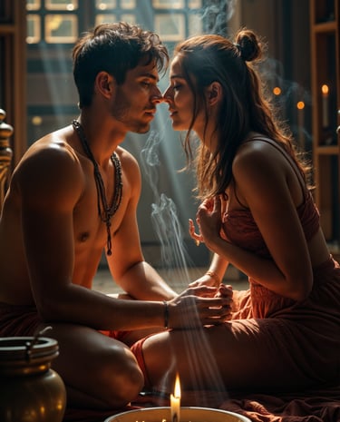 tantric couple sitting looking at each other