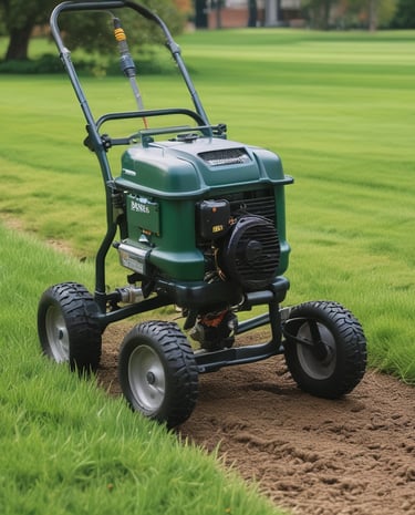 A collection of tools used for landscaping, set against a backdrop of a freshly manicured lawn.