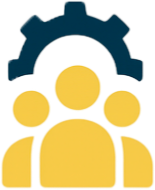 Ícono de gestión integral con engranaje y tres figuras humanas, simbolizando coordinación y equipo.