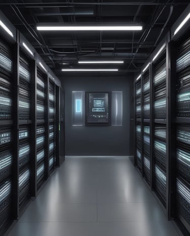 A hand holding a thermal scanner is pointed towards a rack of computer servers. The servers are illuminated with blue LED lights, giving a technological and futuristic feel.