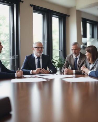 A diverse team of attorneys collaborating around a conference table, focused on employee relations.