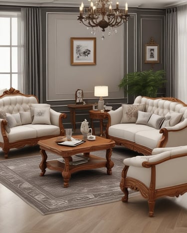 A modern apartment living room featuring stylish wooden furniture and accents.