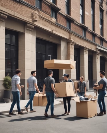 Happy family unpacking boxes together in their new home.