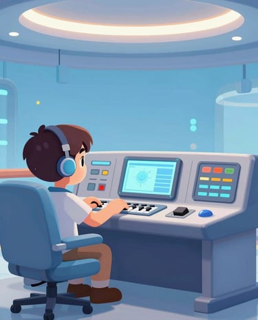 Close-up of a high-tech control panel with glowing buttons and screens.