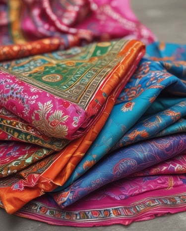 Tailor’s workspace with sewing machine and traditional Indian fabrics laid out, no faces visible.