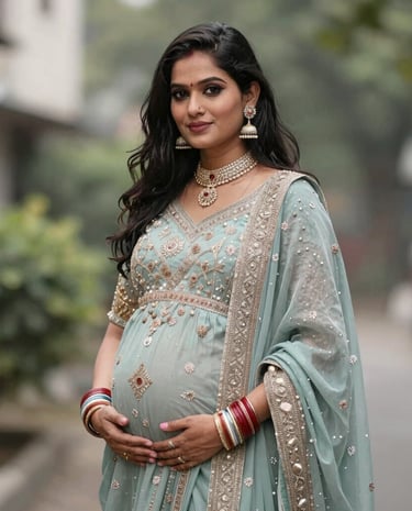 A pregnant woman enjoying a healthy meal with a smile.