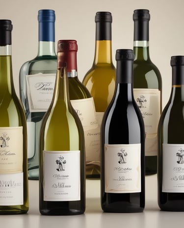 Selection of wines including white, red, and sparkling bottles on a wooden shelf.