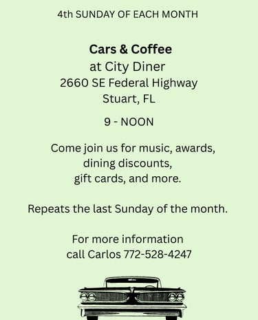 A flyer for a cars and coffee at City Diner in Stuart, FL