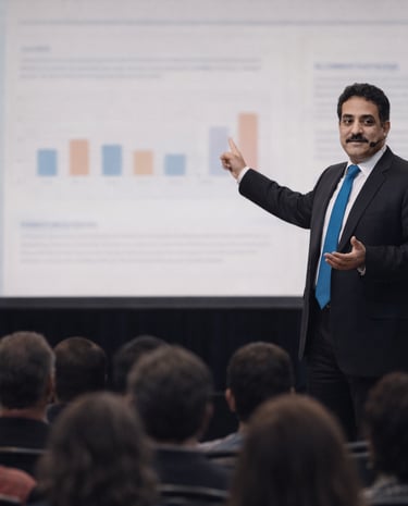Professional businessman presenting data charts to an audience during a corporate seminar.