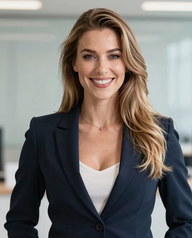 Smiling professional businesswoman in a navy blue blazer standing in a modern corporate office.