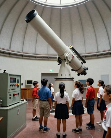 Children looking up in awe at a colorful projection of the solar system inside the planetarium.