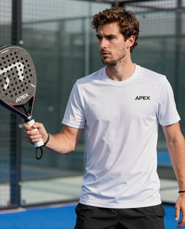 Smiling group of padel players holding apex gear after an exciting match.
