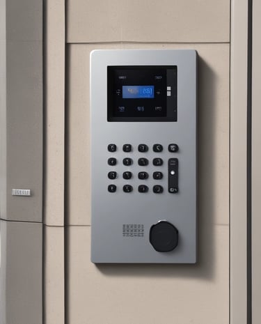 Smart access control panel mounted beside a secure glass door in a corporate lobby.