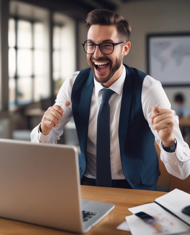 Smiling business owner reviewing recovered funds on a laptop.