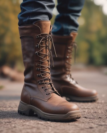 Display of military-style boots lined up on a wooden shelf with natural light.