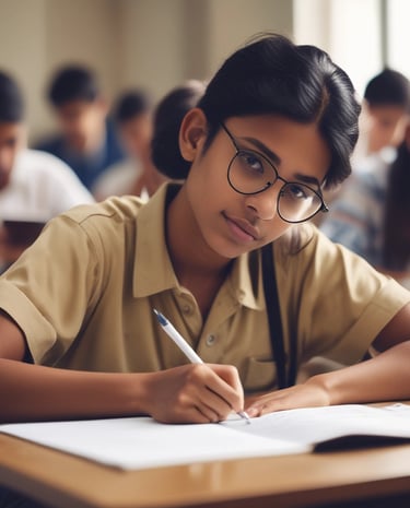 A close-up of a student confidently writing notes during a lesson.