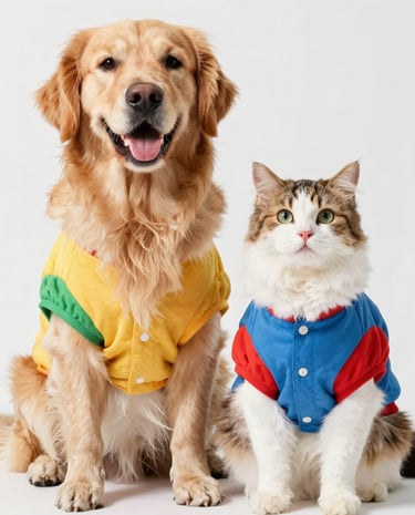 Un golden retriever y una gata de pelaje esponjoso están sentados, vestidos con coloridas prendas