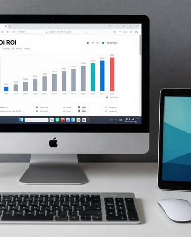 A modern workspace featuring dual monitors displaying SEO analytics and campaign performance charts.
