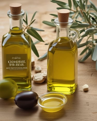 Blockchain interface overlaying an olive oil production line in a modern facility.