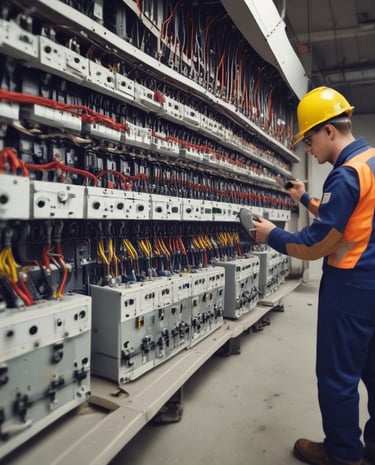 Technician installing electrical wiring in a modern building with dark and gold color scheme.