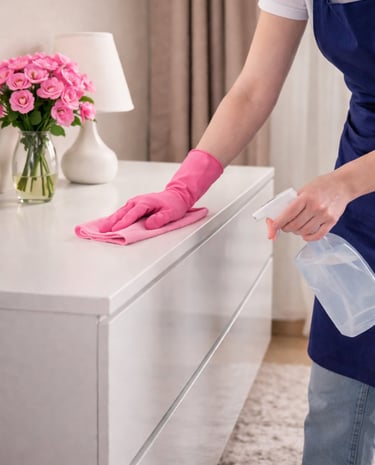 Professional cleaner disinfecting furniture surface with cloth and spray