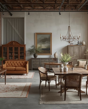 Industrial loft living room with rustic brick walls, leather sofa, and wooden dining set.