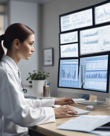 A calm, organized workspace featuring medical documents and a calculator.