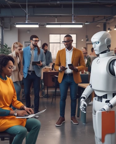 A team meeting in a dark-toned office, focused on a large screen showing AI-driven workflow charts.