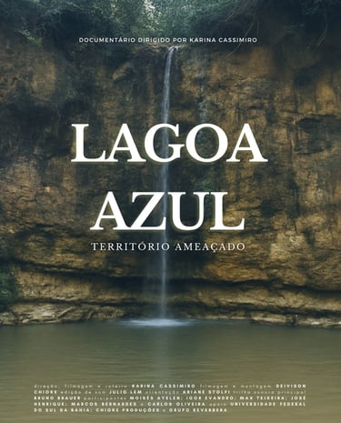 Cartaz de filme mostra uma lagoa com cachoeira, letras grandes Lagoa Azul