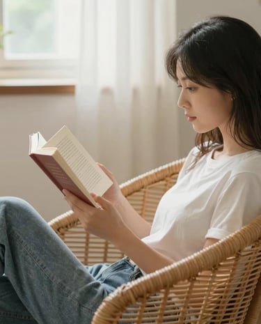 woman's manicured hands holding a book in a sunlit room.