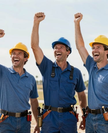 A friendly plumber shaking hands with a satisfied homeowner in front of a well-maintained house.