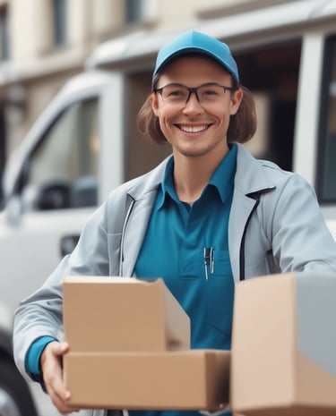 Smiling driver handing over a medical package at a clinical facility doorstep.