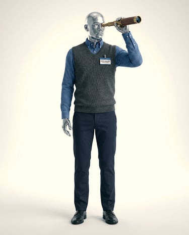 Silver mannequin dressed as a business professional looking through a telescope to represent data analysis.