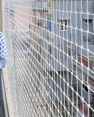 Wide shot of a balcony fully secured with pigeon safety nets overlooking a busy Mumbai street.