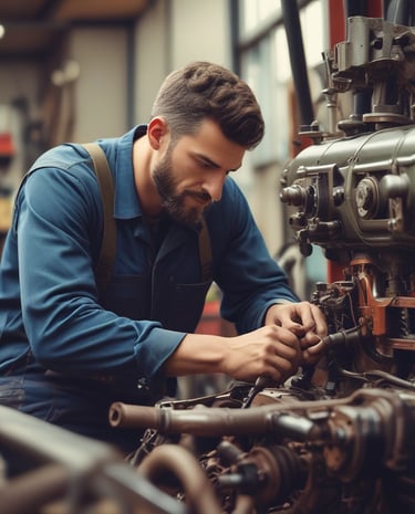 Mechanic repairing agricultural machinery with tools in a well-organized garage.