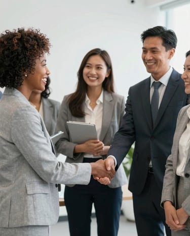 A smiling project manager discussing ideas with a small business owner in a cozy office.