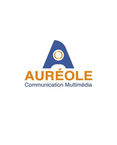 Auréole Communication Multimédia logo featuring a blue stylized A with a golden circle.