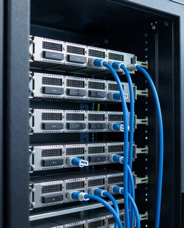 A sleek server room glowing with blue lights representing internet connectivity.