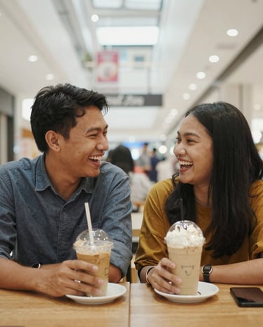 A happy young couple laughing while drinking iced coffee in a bright shopping mall cafe.