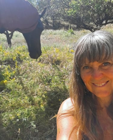 Portret van een vrouw in de natuur met een paard in de achtergrond