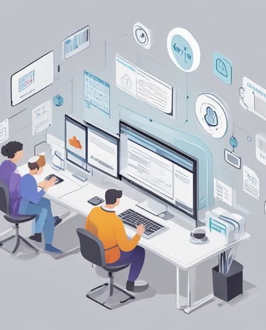 A modern office space with purple and orange accents, showing a meeting in progress.