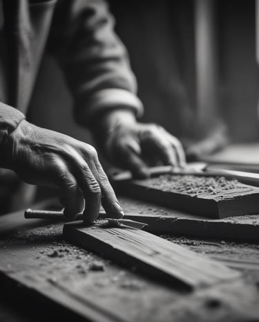 Close-up of hands fitting wood panels, highlighting craftsmanship in carpentry services.