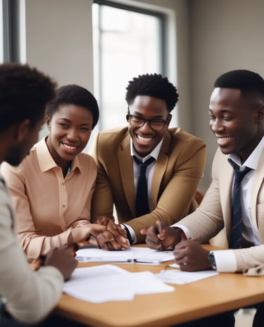 A group of diverse people collaborating and sharing ideas in a cozy meeting room.